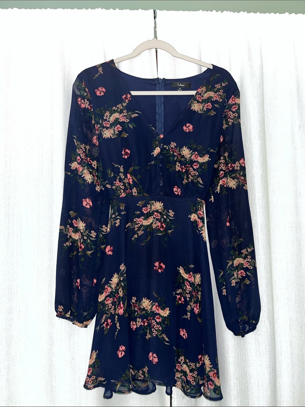 Lulu's Navy Floral Long-Sleeve V-Neck Mini Dress